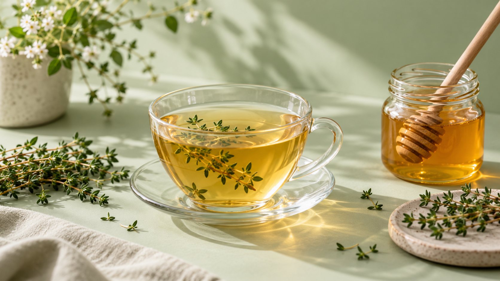 Tasse de tisane au thym et miel sur une table claire