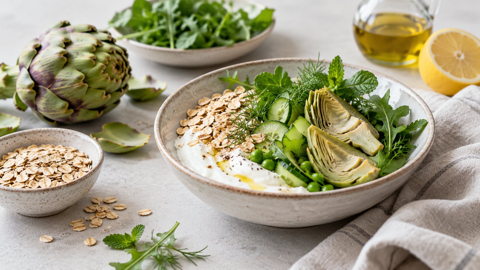 Bol de yaourt, légumes verts et herbes sur une table claire