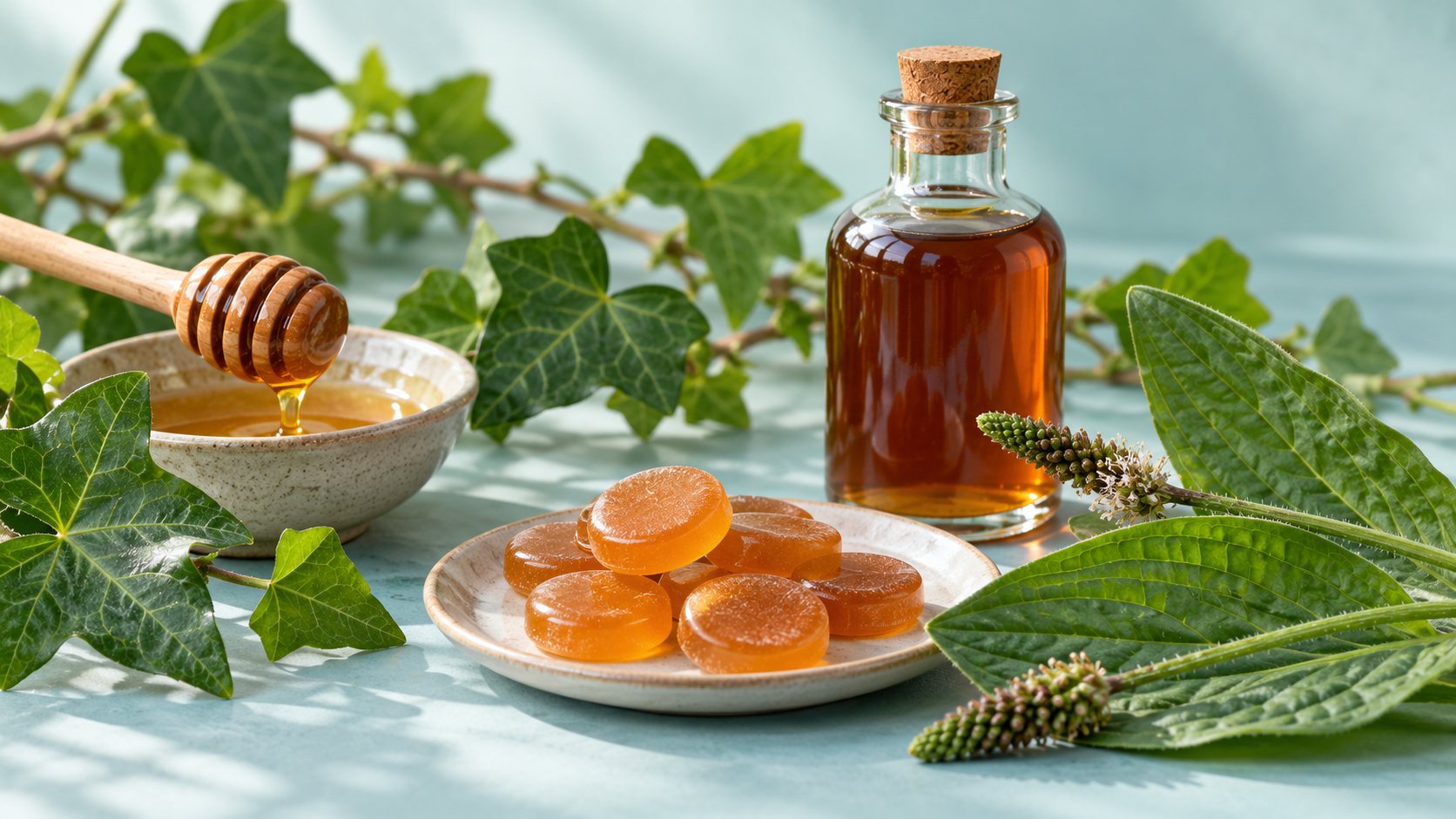 Pastilles, miel et feuilles de plantain sur une table claire