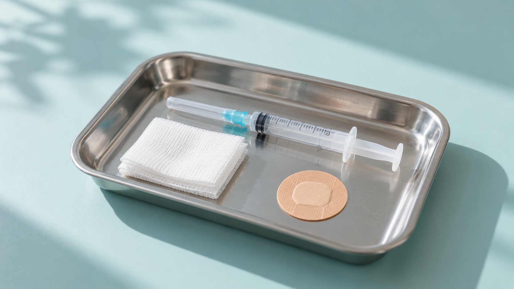 Seringue, compresses et pansement sur un plateau clair