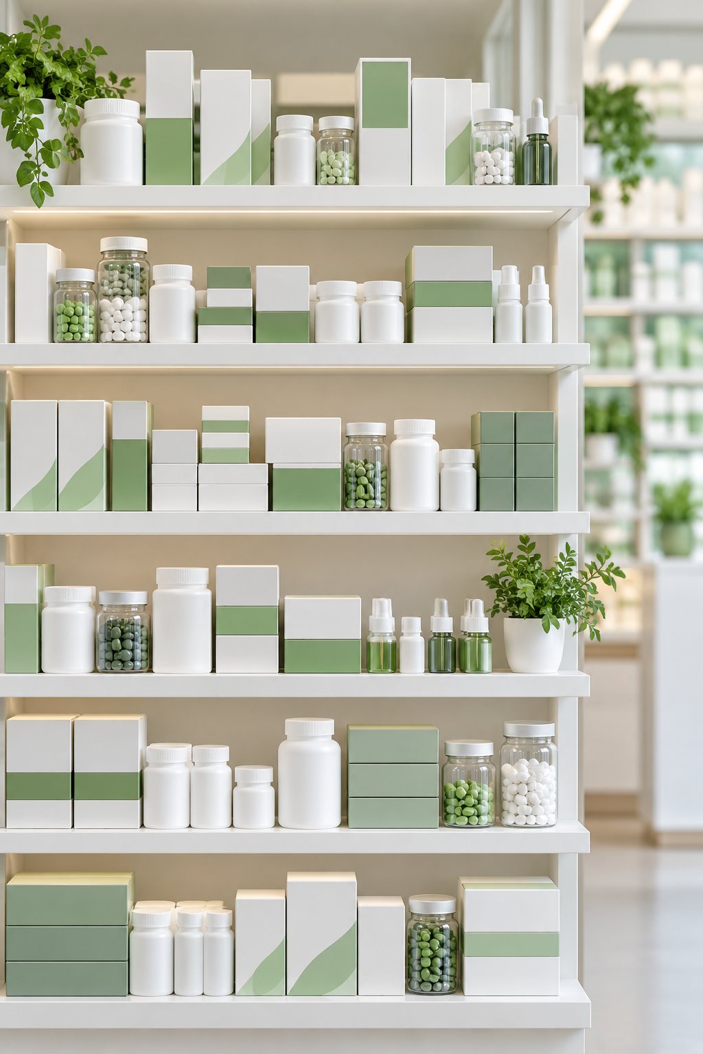 Étagères de pharmacie claires, boîtes et flacons blancs et verts (image d’illustration)